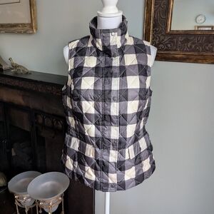 TALBOTS Women's Small Quilted Puffer Down Zip Vest Black Cream Buffalo Plaid
